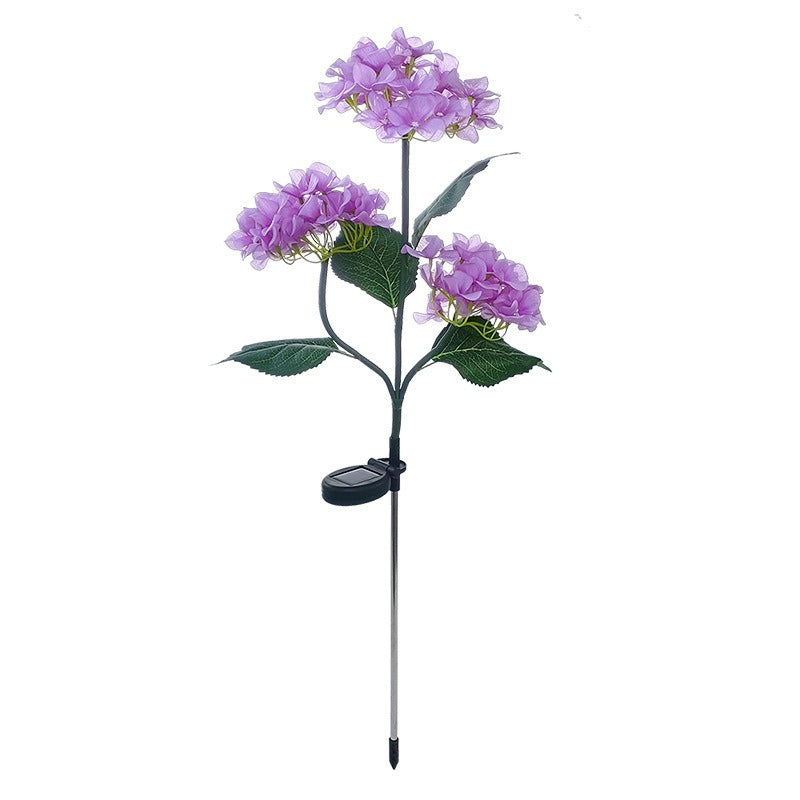 Solar-powered LED simulated 3-head hydrangea ground-stake light