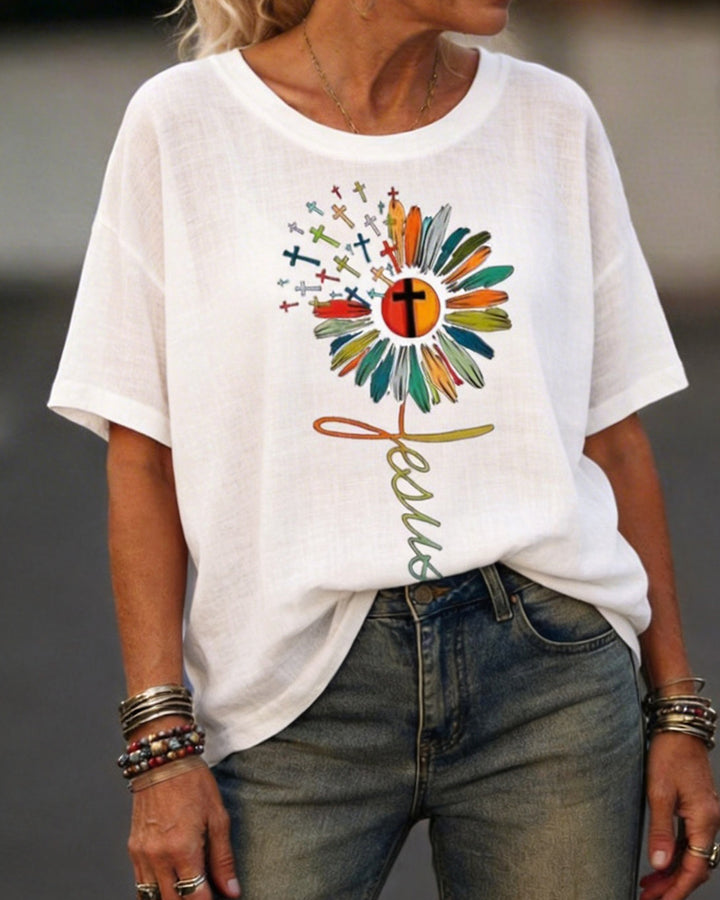 Single Jesus Cross Sunflower-Print Tee