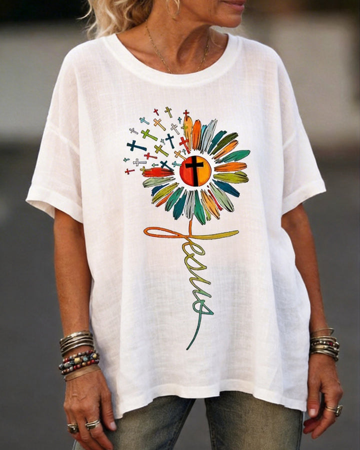 Single Jesus Cross Sunflower-Print Tee