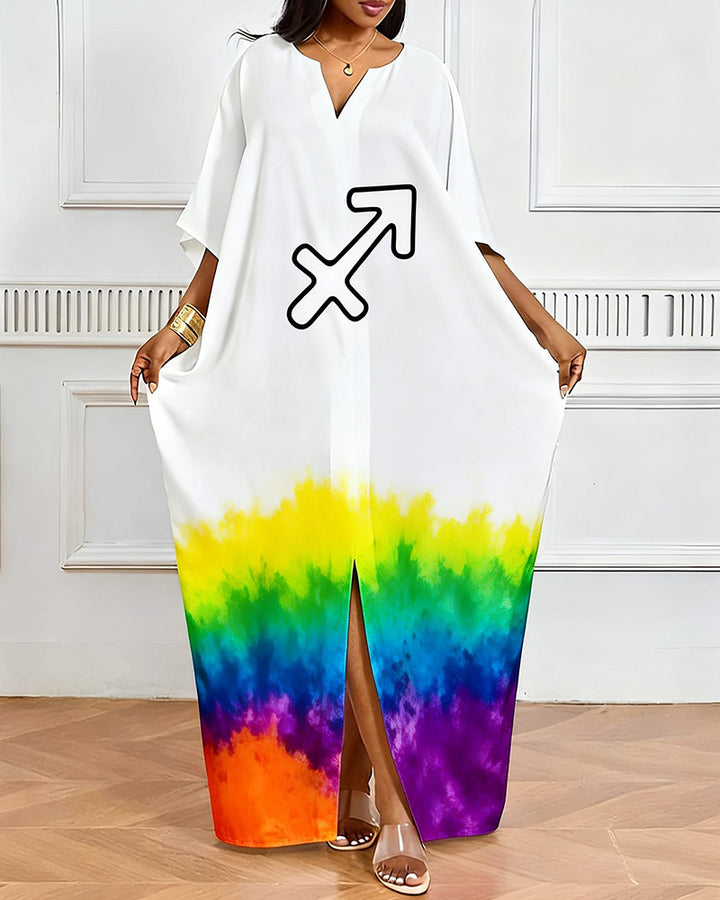 Sagittarius Symbol Rainbow Tie-Dye V-Neck Elegant Dress