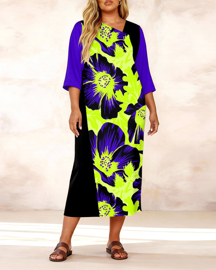Irregular Neckline Fluorescent Green Floral Print Mid-sleeve Straight Maxi Dresses