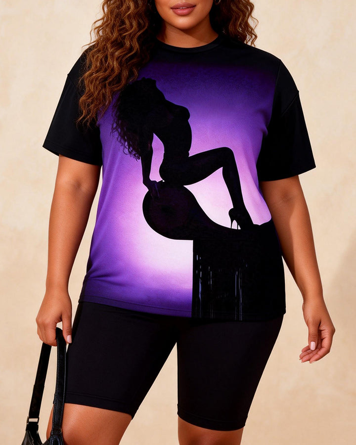 Gradient Hot Girl Silhouette Print Casual Shorts Set