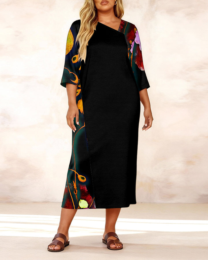 Irregular Neckline Oil Painting Strokes Floral Print Mid-sleeve Straight Maxi Dresses