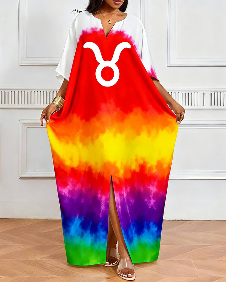 Taurus Symbol Full-size Rainbow Tie-dye Print V-Neck Elegant Dress
