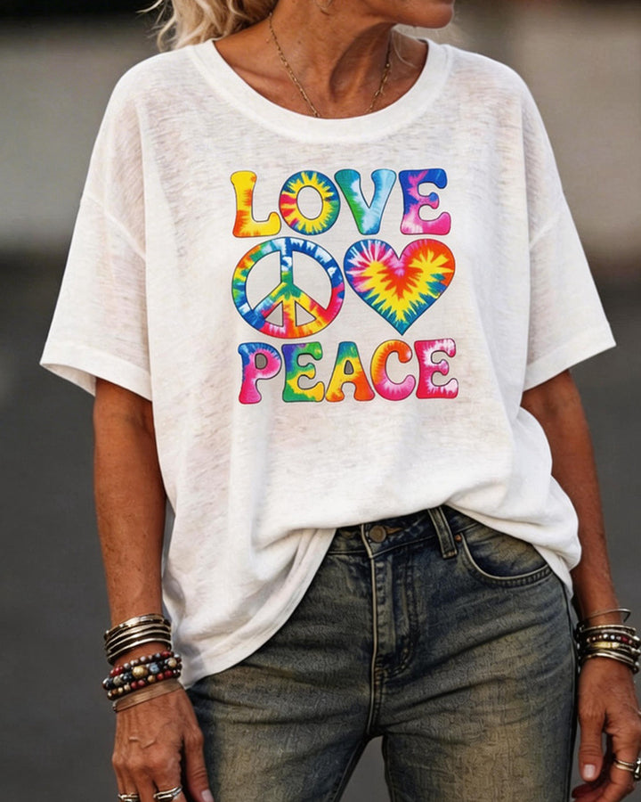 Rainbow Tie-Dye LOVE PEACE Print T-Shirt