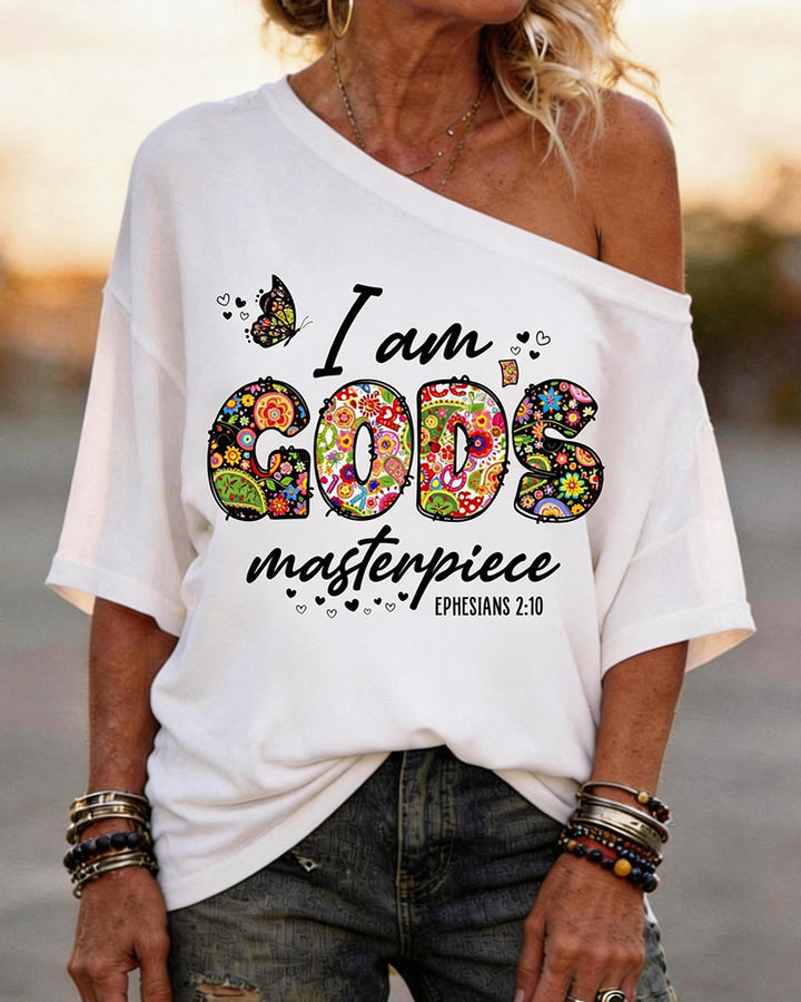 I Am GOD'S Masterpiece Religious Floral Butterfly Print Slant Shoulder Off-the-shoulder T-shirt