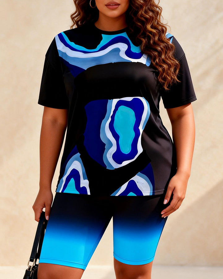 Black Blue And White Laminated Abstract Printed Casual Shorts Set