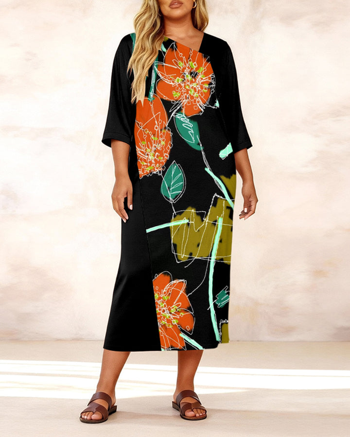Irregular Neckline Abstract Floral Print Mid-sleeve Straight Maxi Dresses