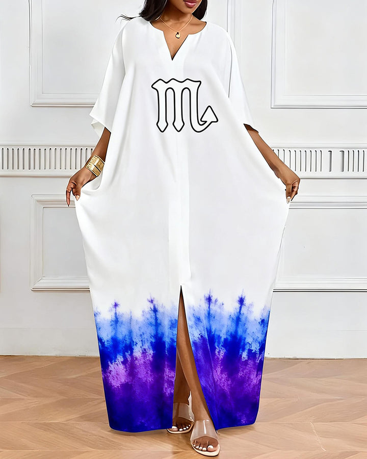 Scorpio Symbol Blue And Purple Forest Tie-Dye V-Neck Elegant Dress