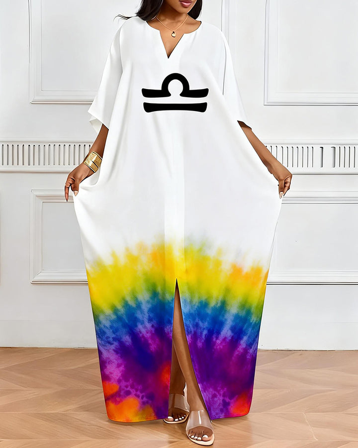 Libra Symbol Rainbow Tie-Dye Print V-Neck Elegant Dress
