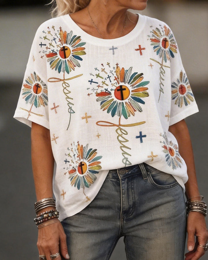 Jesus Cross Sunflower-Print Tee