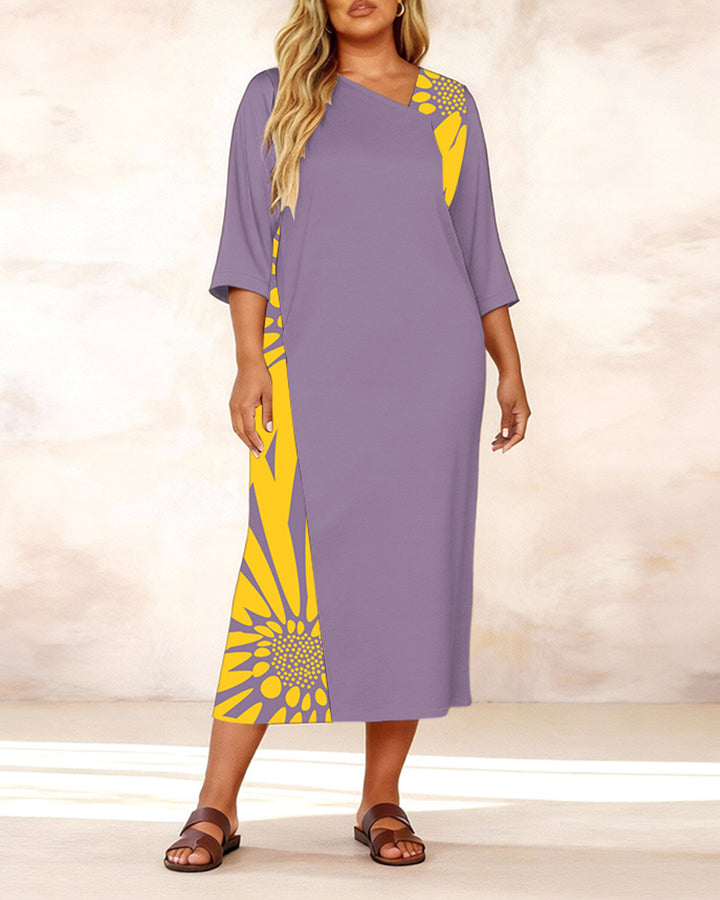 Irregular Neckline Contrast Sunflower Print Mid-sleeve Straight Maxi Dresses