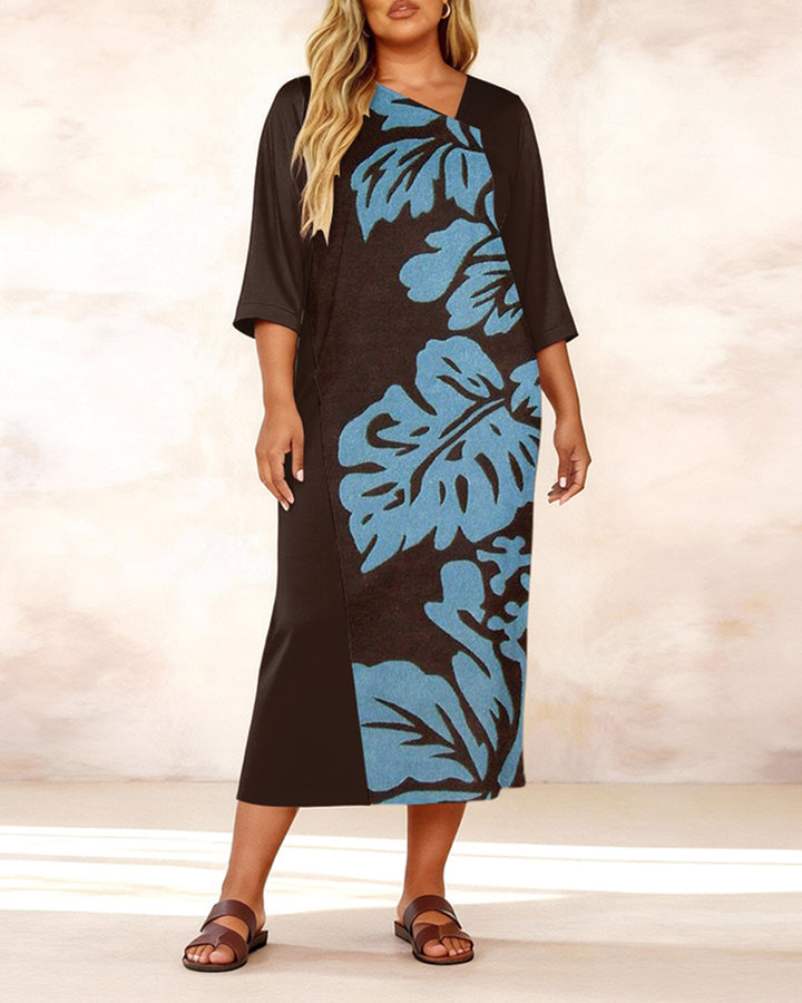 Irregular Collar Color Turtle Bamboo Print Mid-Sleeve Straight Maxi Dresses