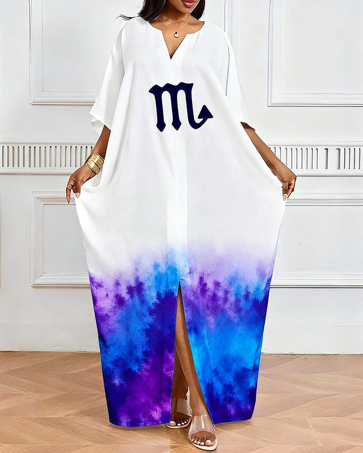 Scorpio Symbol Blue And Violet Gradient Tie-Dye Print V-Neck Elegant Dress