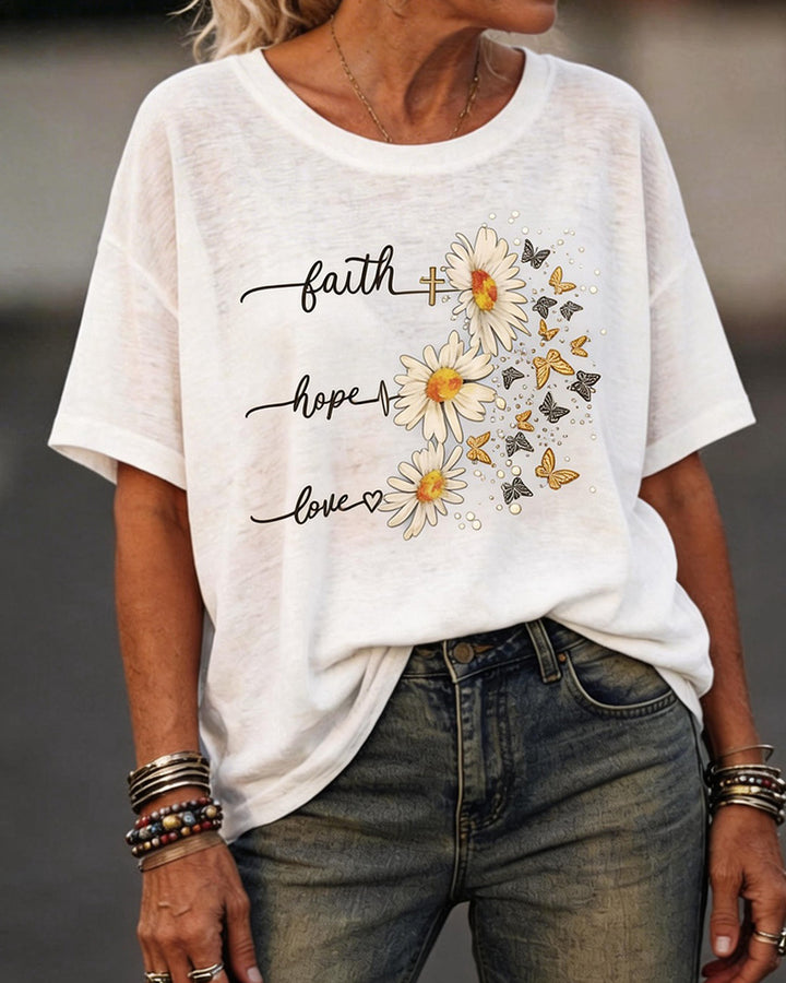 Faith Hope Love Daisy Butterfly Print Tee