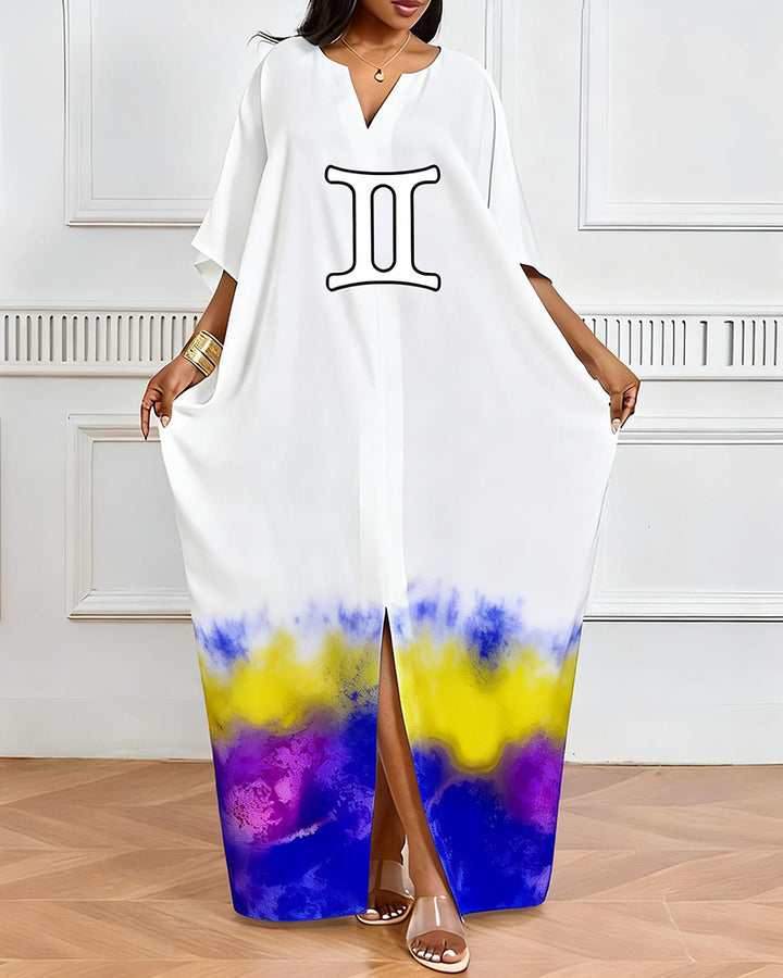 Gemini Symbol Blue Yellow Purple Tie-Dye V-Neck Elegant Dress