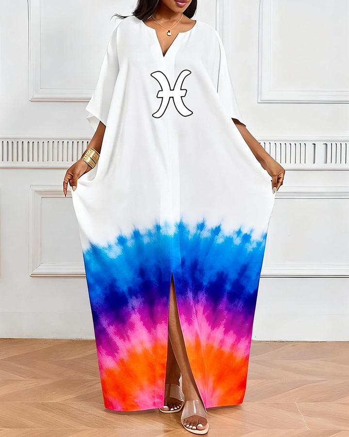 Pisces Symbol Blue Powder Orange Tie-Dye Print V-Neck Elegant Dress