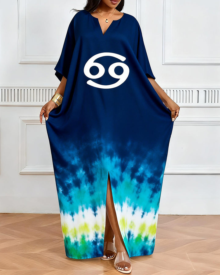 Cancer Symbol Blue And White Gradient Tie-Dye Print V-Neck Elegant Dress