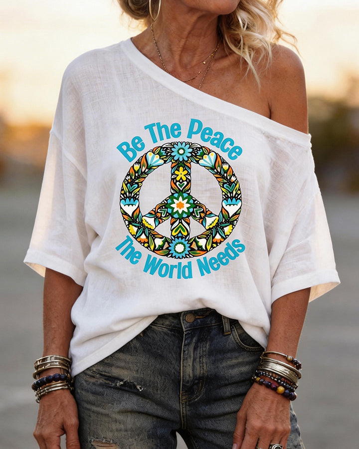 Be The Peace Wreath And Peace Symbol Print Slant Shoulder Tee