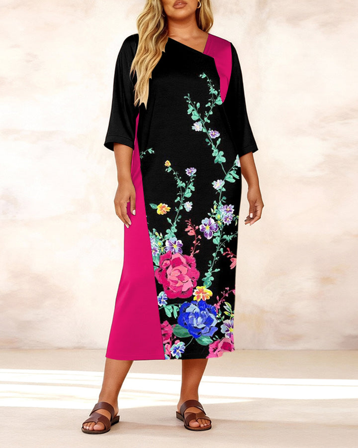 Irregular Neckline Rose Red Mosaic Floral Print Middle Sleeve Straight Maxi Dresses