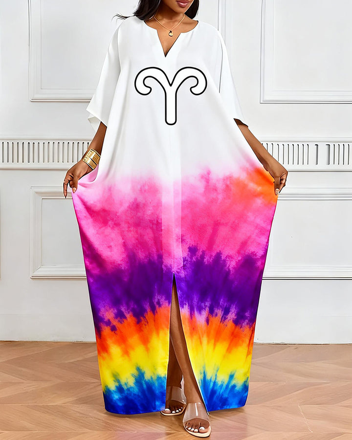 Aries Symbol Pink Purple Orange Tie-Dye V-Neck Elegant Dress