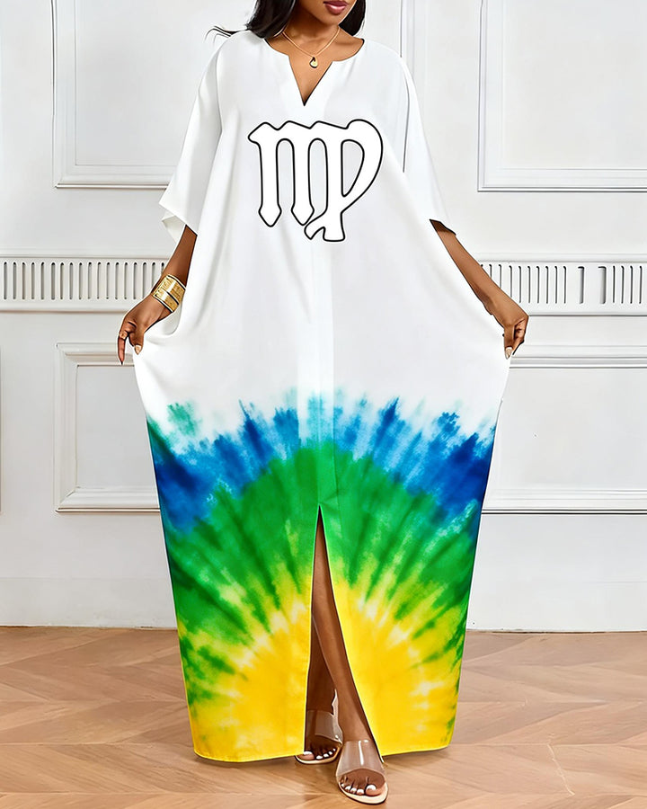 Virgo Symbol Blue Yellow Green Tie-Dye Print V-Neck Elegant Dress