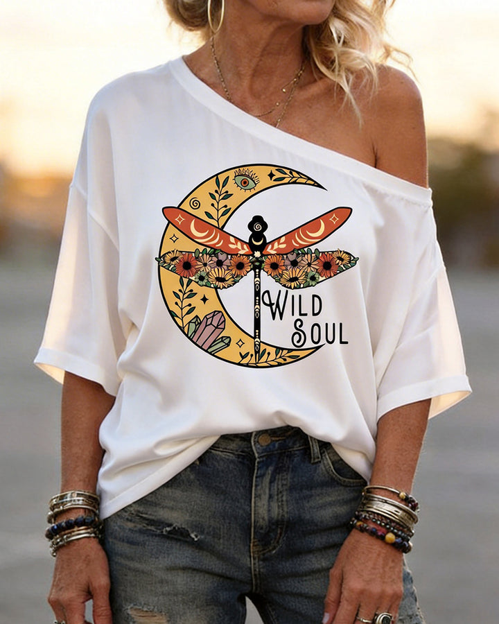 WILD SOUL Moon Dragon Dragonfly Print Slant Shoulder Tee