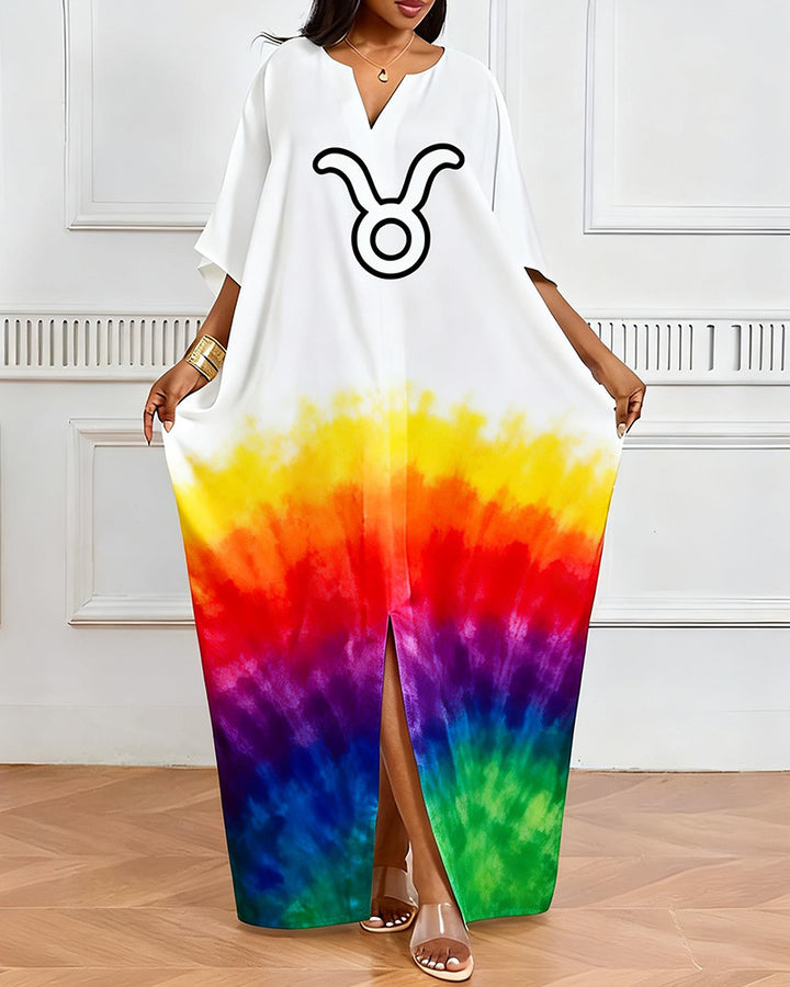 Taurus Symbol Rainbow Tie-Dye Print V-Neck Elegant Dress