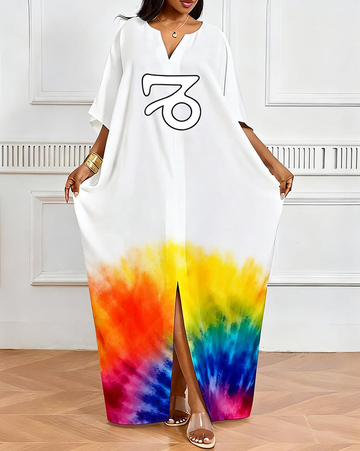 Capricorn Symbol Rainbow Tie-Dye Print V-Neck Elegant Dress