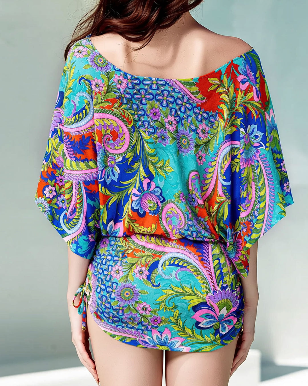 Paisley Style Dolman Sleeve Drawstring Side Pleat Dress