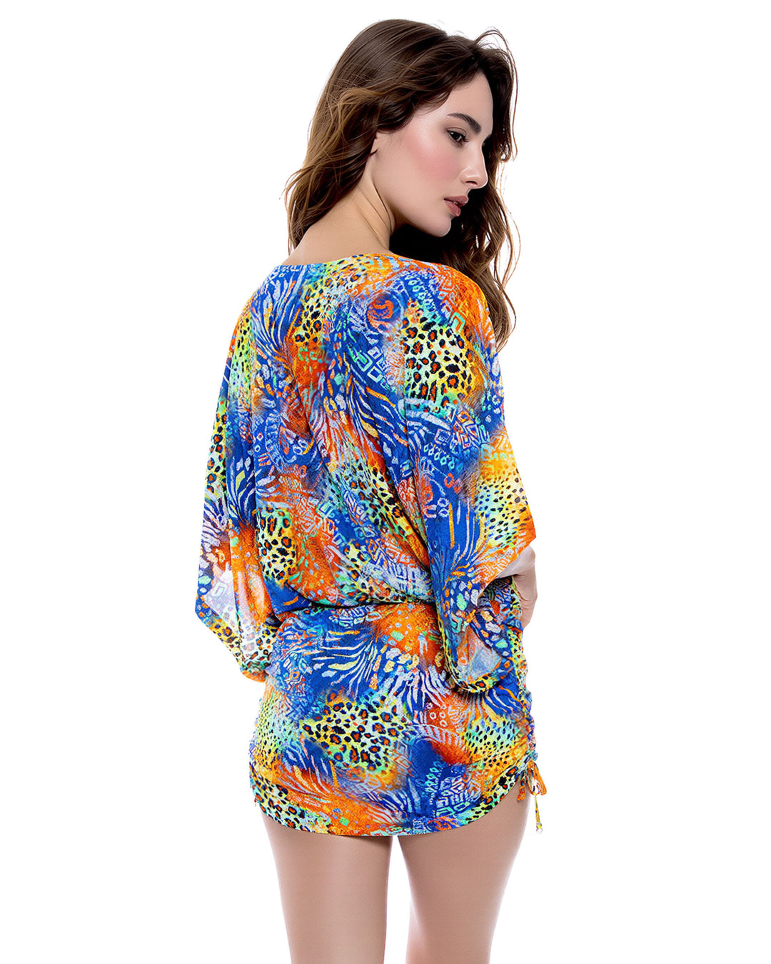 Blue Leopard-Print Dolman-Sleeved Drawstring Side-Pleated Dress