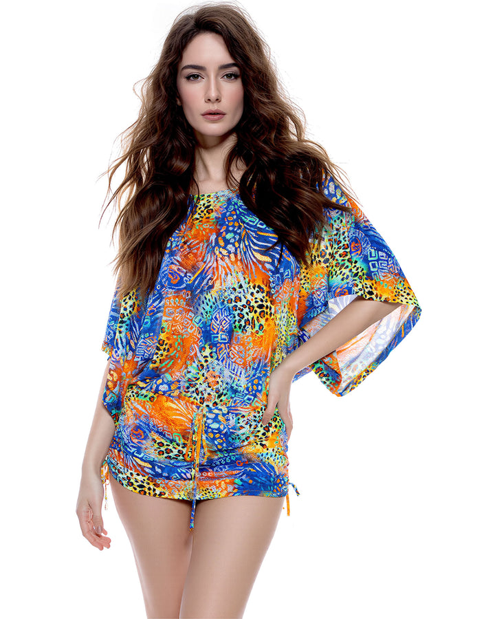 Blue Leopard-Print Dolman-Sleeved Drawstring Side-Pleated Dress