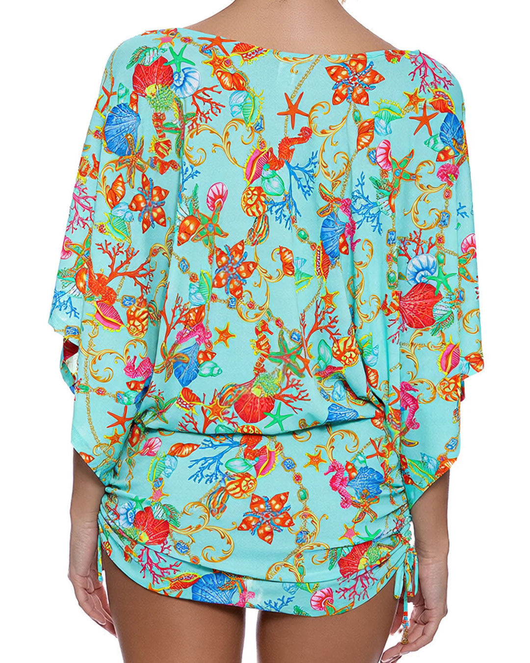 Green Sea World Printed Batwing Sleeve Drawstring Side Pleat Dress