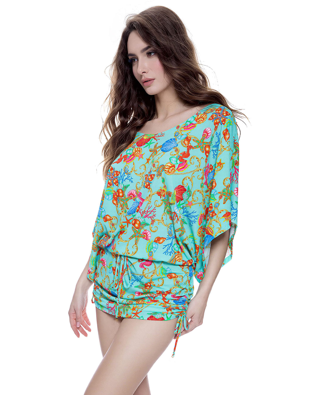 Green Sea World Printed Batwing Sleeve Drawstring Side Pleat Dress