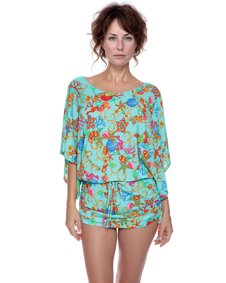 Green Sea World Printed Batwing Sleeve Drawstring Side Pleat Dress