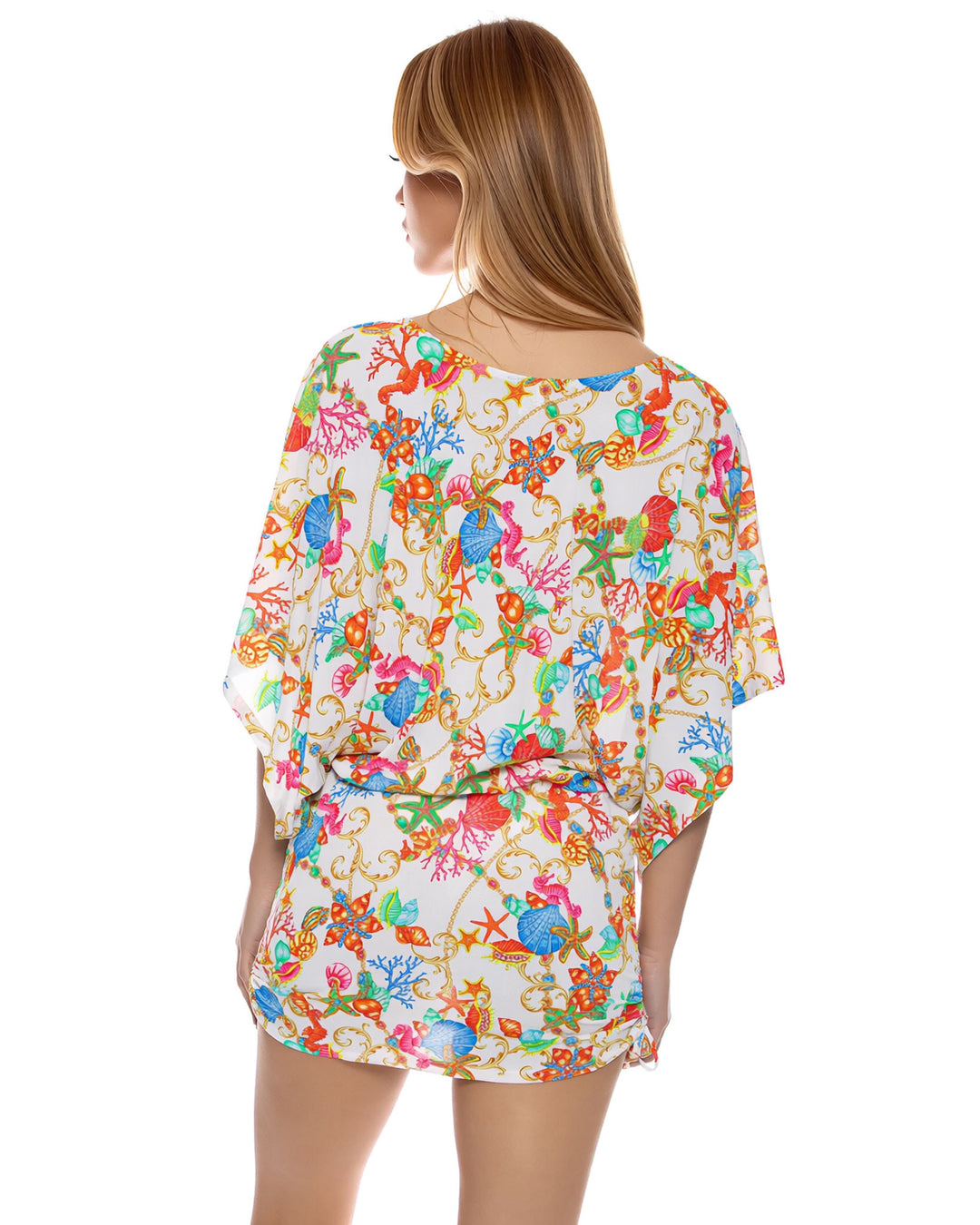 White Sea World Dolman Sleeve Drawstring Side Pleat Dress