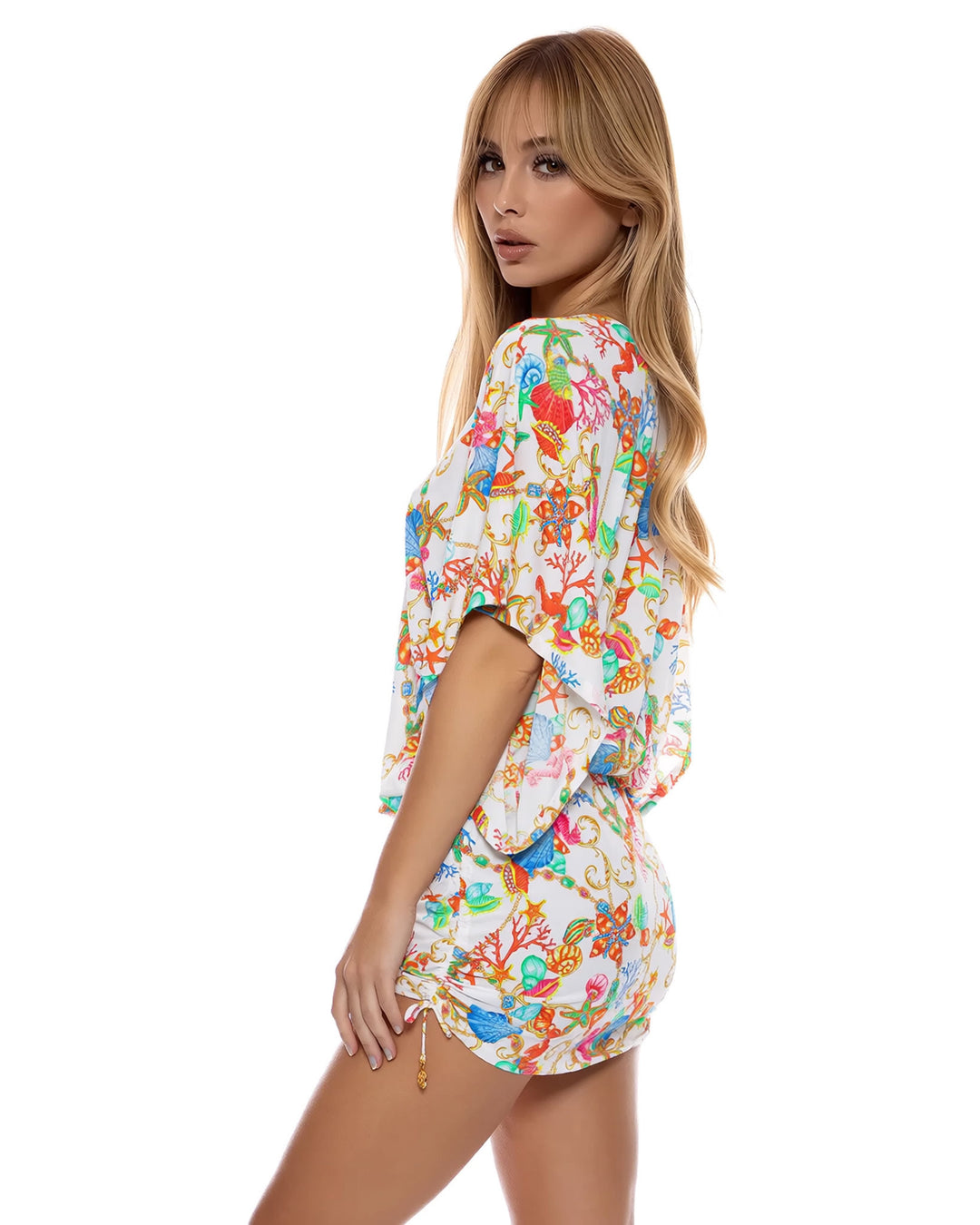 White Sea World Dolman Sleeve Drawstring Side Pleat Dress