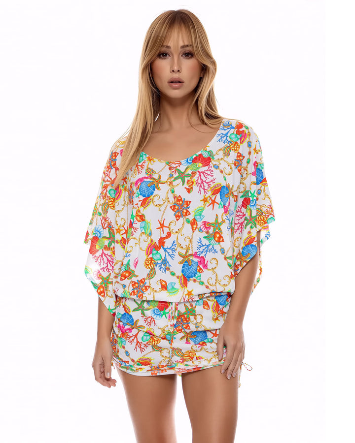 White Sea World Dolman Sleeve Drawstring Side Pleat Dress