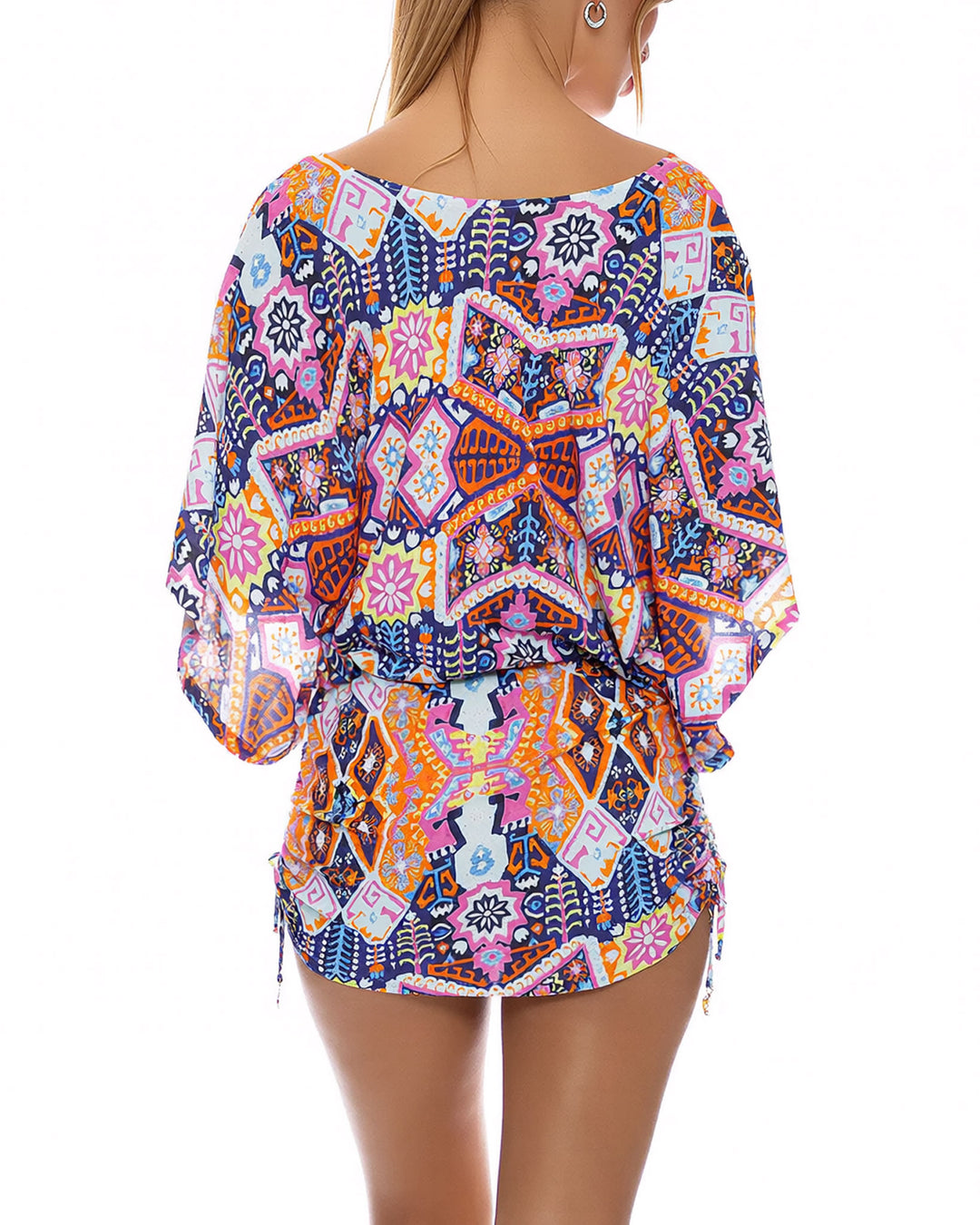 Bohemian Printed Dolman Sleeve Drawstring Side Pleat Dress