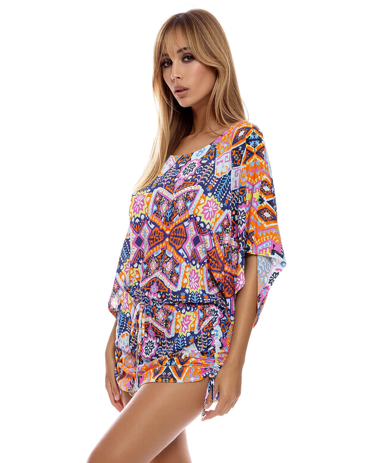 Bohemian Printed Dolman Sleeve Drawstring Side Pleat Dress