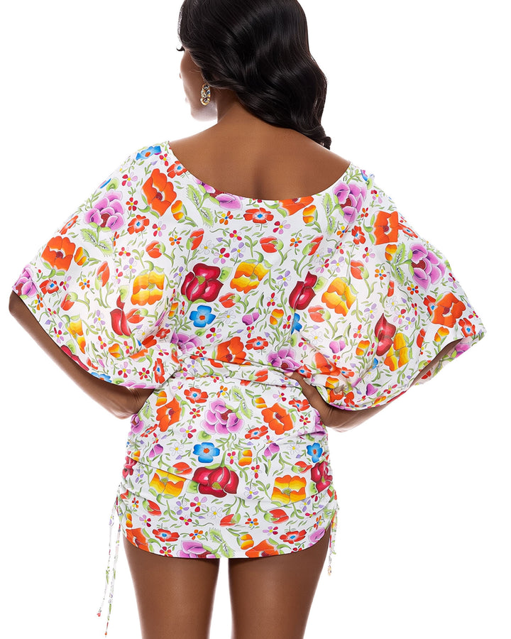 White Floral-Print Dolman-Sleeved Drawstring Side-Pleated Dress