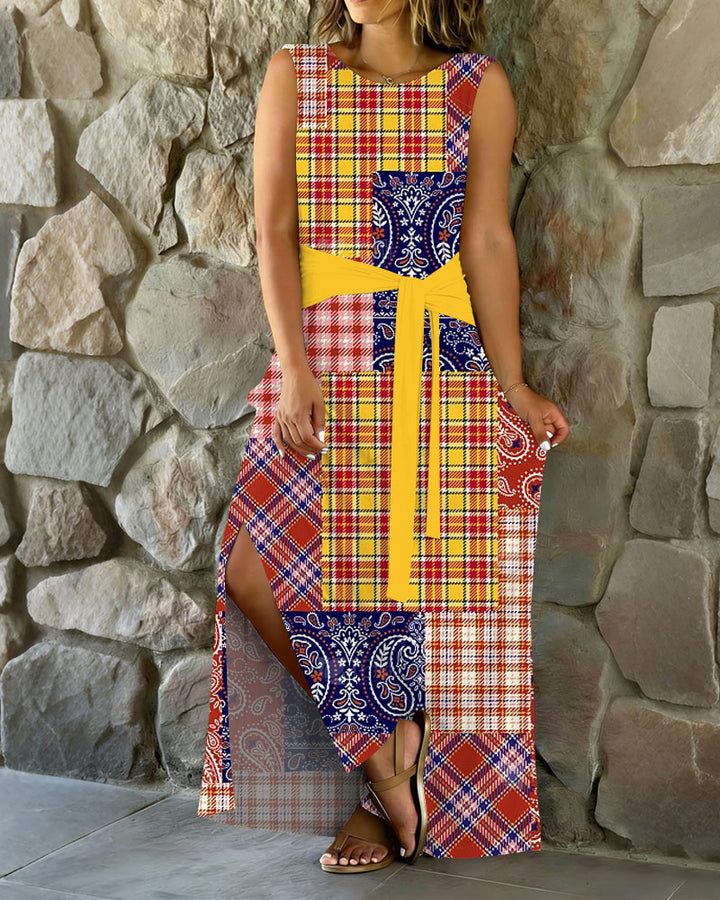Patchwork Check Print Maxi Dress With Belt