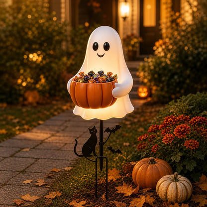 Solar Ghost Pumpkin Candy Bucket Stake Halloween Garden Decor