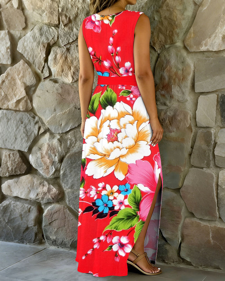 Red Floral Print Dress With Belt