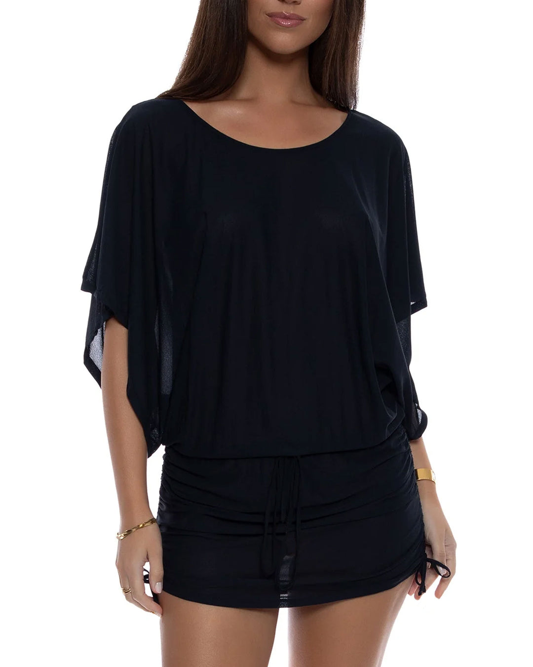 Solid White And Black Bat-sleeved Drawstring Side-pleated Dress