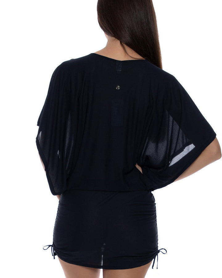 Solid White And Black Bat-sleeved Drawstring Side-pleated Dress