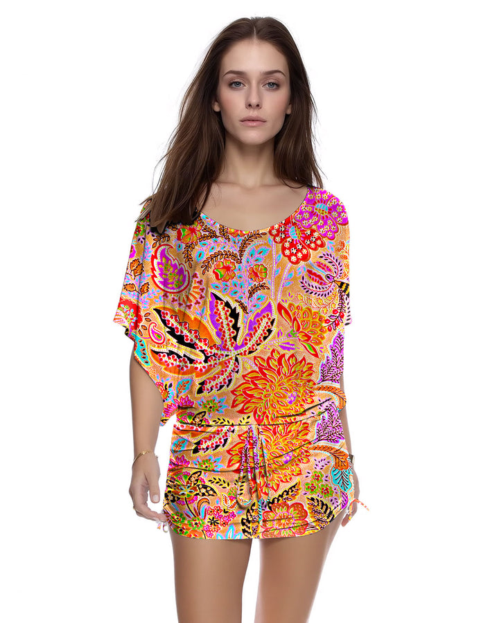 Pink Bohemian Dolman Sleeve Drawstring Side Pleat Dress