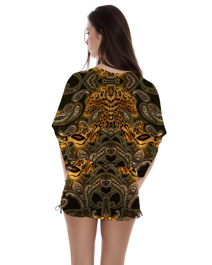 Tiger And Paisley-Print Dolman-Sleeve Drawstring Side-Pleated Dress