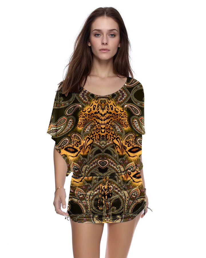 Tiger And Paisley-Print Dolman-Sleeve Drawstring Side-Pleated Dress