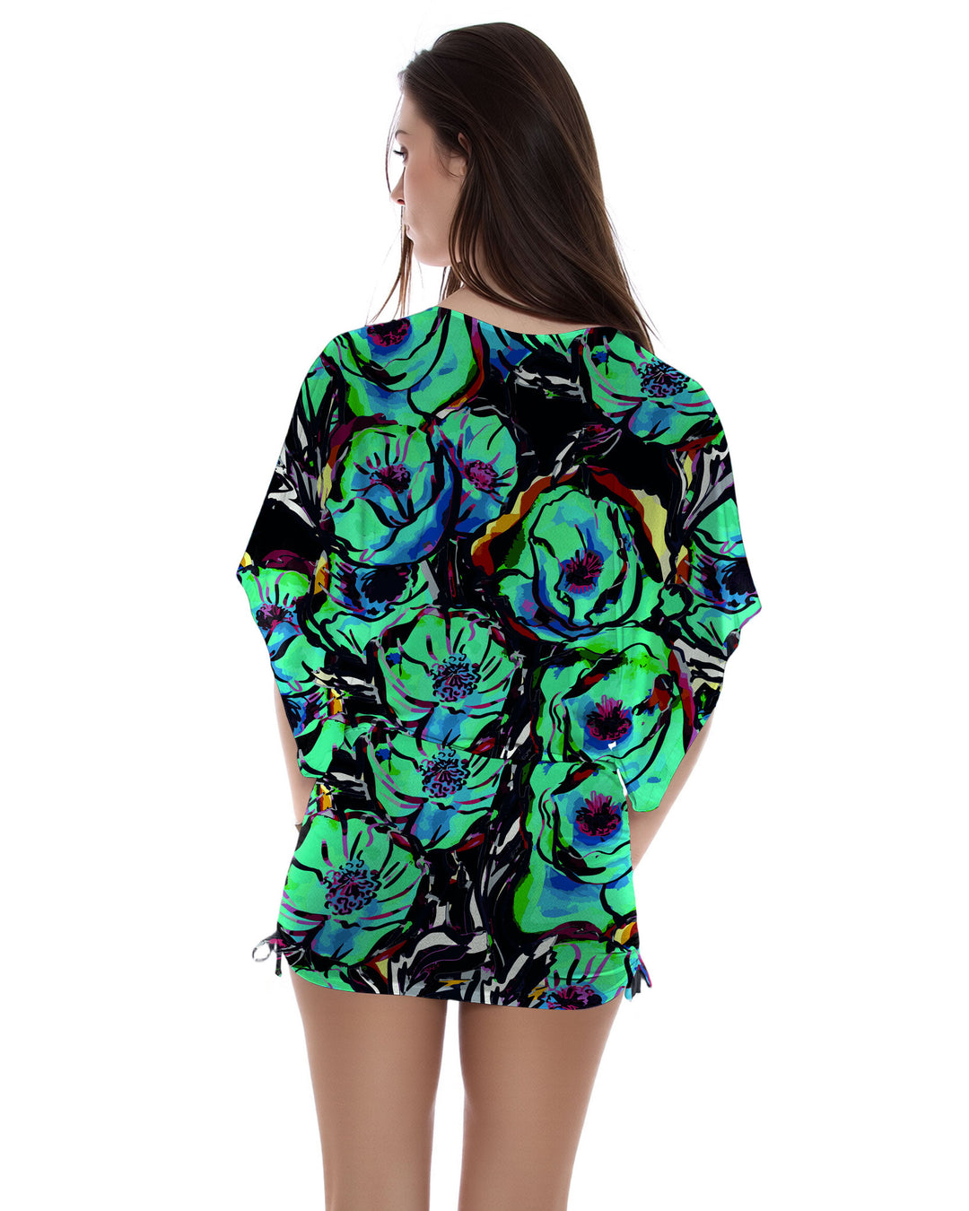 Beach Casual Printed Dolman Sleeve Drawstring Side Pleat Dress